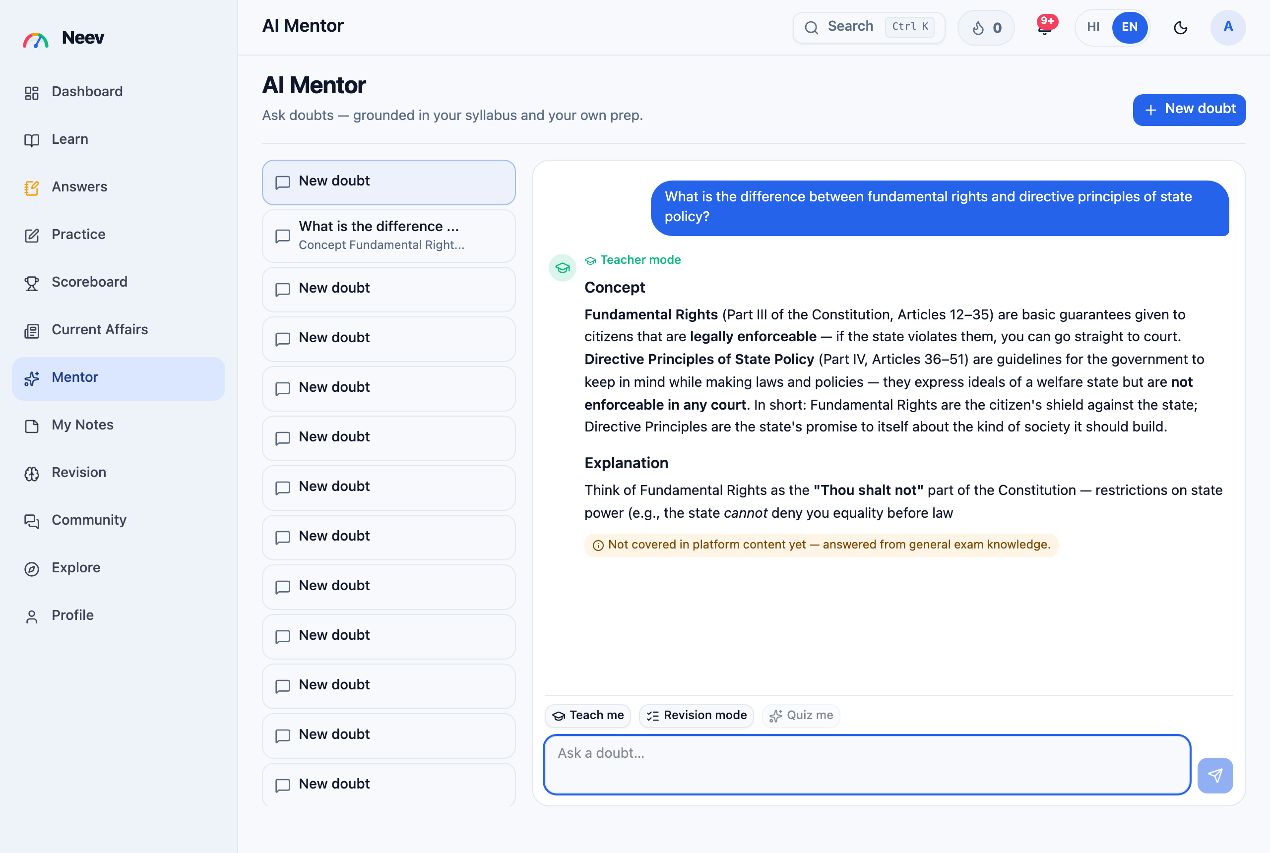 Stuck on a doubt at 11 PM? Ask your AI Mentor and get a grounded, cited answer in seconds.