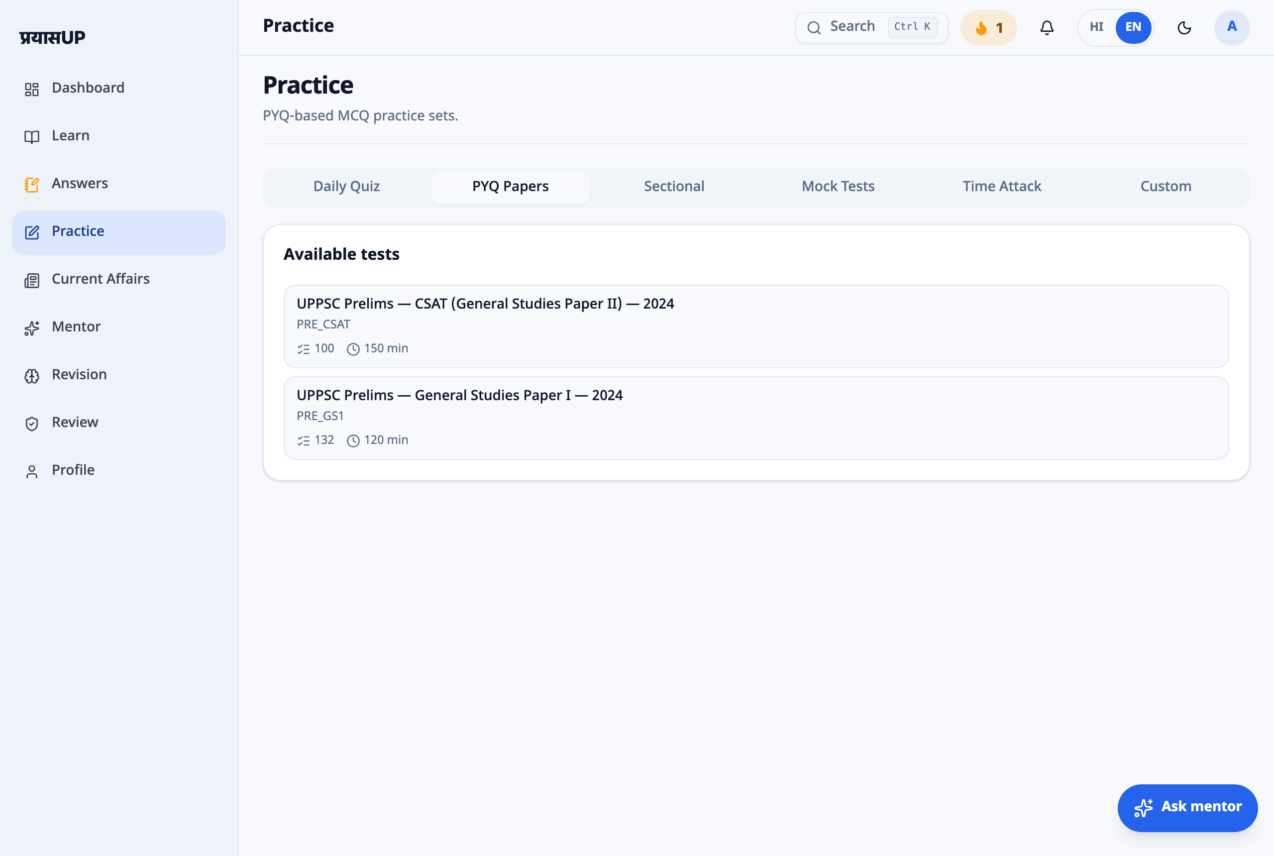 PYQ practice & full mock tests