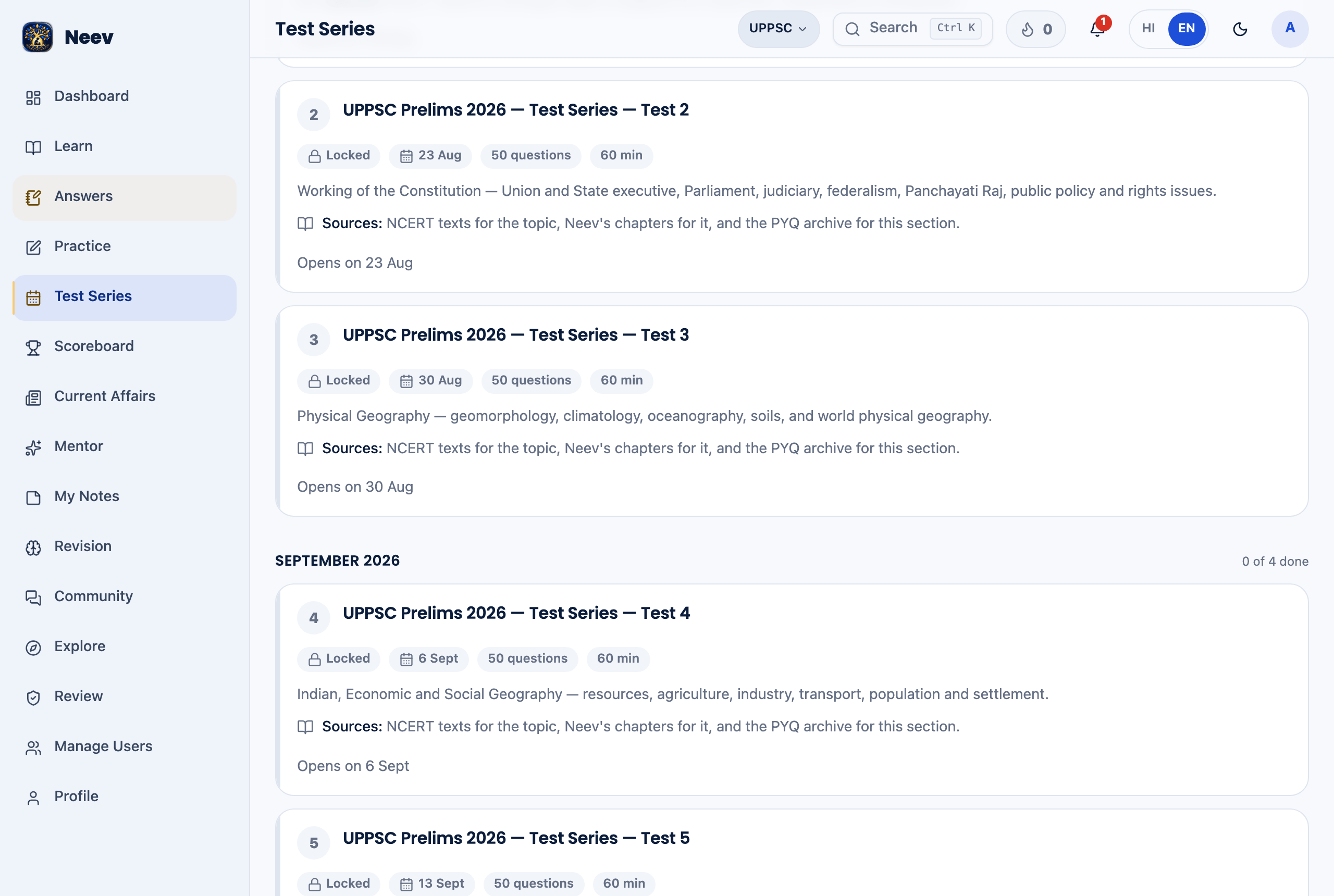 A scheduled test series with a published calendar — and a rank that only counts if you sat it on time.